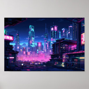 Poster Le toit de la ville de nuit de Cyberpunk