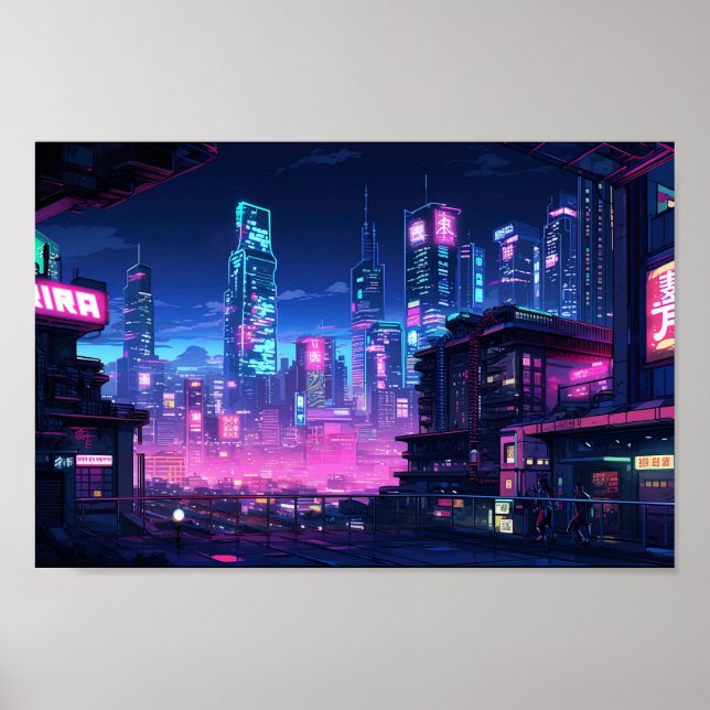 Poster Le toit de la ville de nuit de Cyberpunk (Devant)