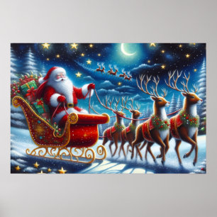 Poster Le traîneau et les rennes du Père Noël la nuit de