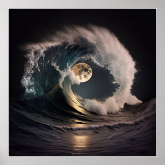 Poster Le tsunami déferle sous la lumière de la lune.