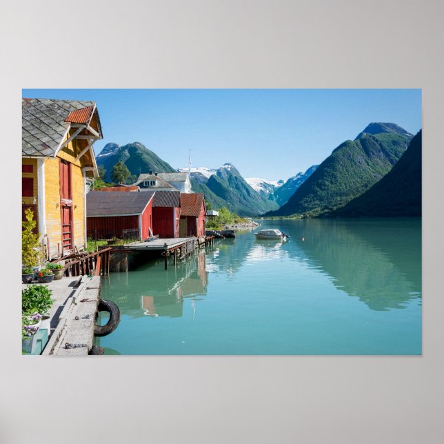 Poster Le village du Fjæ, fjord en Norvège (Devant)