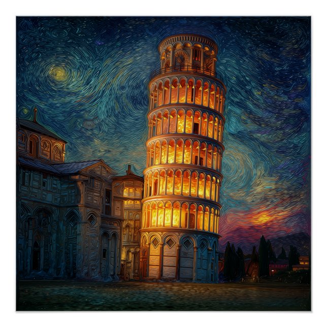 Poster Leaning Tower of Pisa by night (Devant)