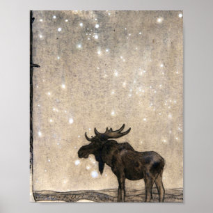 Poster Leap The Elk In Neige At Night - John Bauer