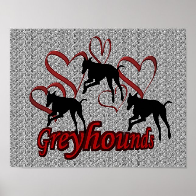 Poster Leaping Greyhounds Et Red Hearts (Devant)