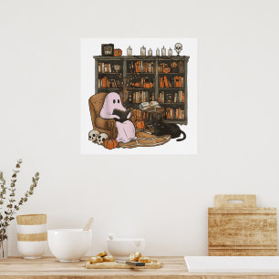 Poster Lecteur fantôme Livre Amateur de chat Halloween