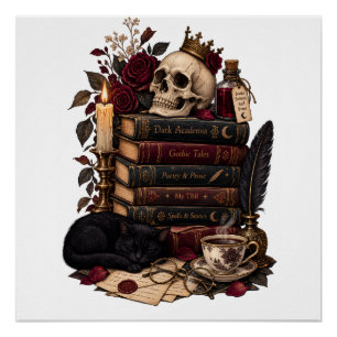 Poster Lecteur gothique, bibliophile, crâne et roses litt