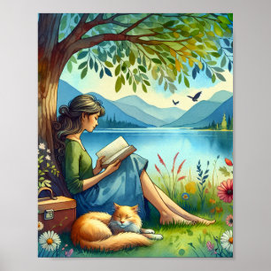 Poster Lecture d'un livre sous un arbre avec un chat endo