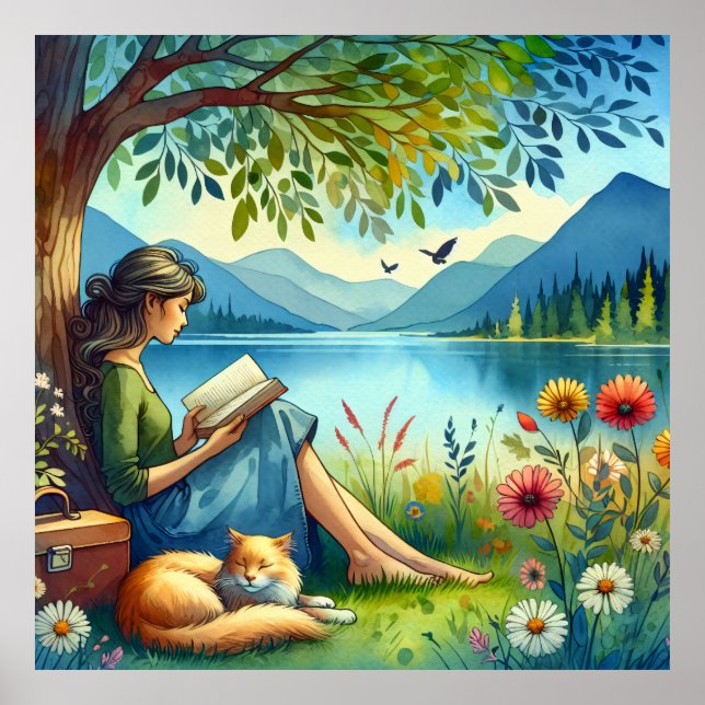 Poster Lecture d'un livre sous un arbre avec un chat endo (Devant)