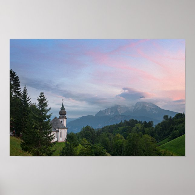 Poster L'église avec les Alpes au coucher du soleil (Devant)