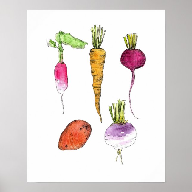 Poster Légumes racines Aquarelle Encre Cuisine Art (Devant)