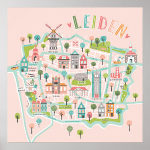 Poster Leiden City Illustrated Carte rose