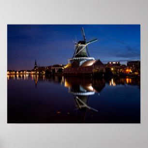 Poster Leidschendam moulin à vent avec réflexion la nuit