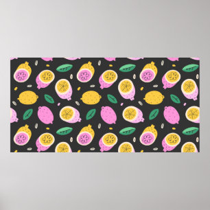 Poster Lemon doodle pattern, bright cute citrus fruit dra