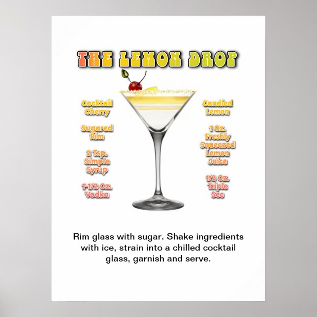Poster LEMON DROP MARTINI 18"x24" Cocktail Recette Art (Devant)