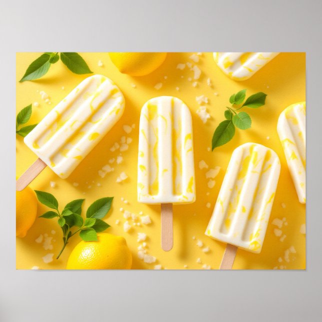 Poster Lemon Popsicle Summer Food Pattern Yellow (Devant)