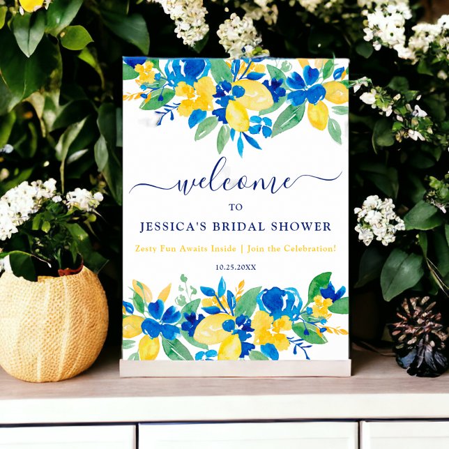 Poster Lémons bleu jaune citrons fleuri accueil nuptiale (Blue yellow lemons floral welcome bridal shower poster)