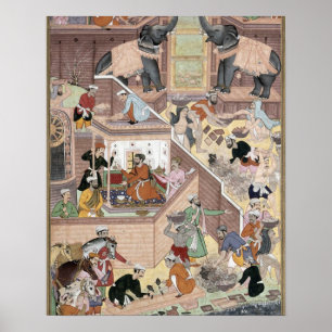 Poster l'empereur Akbar (r.1556-1605) inspectant le bâtim