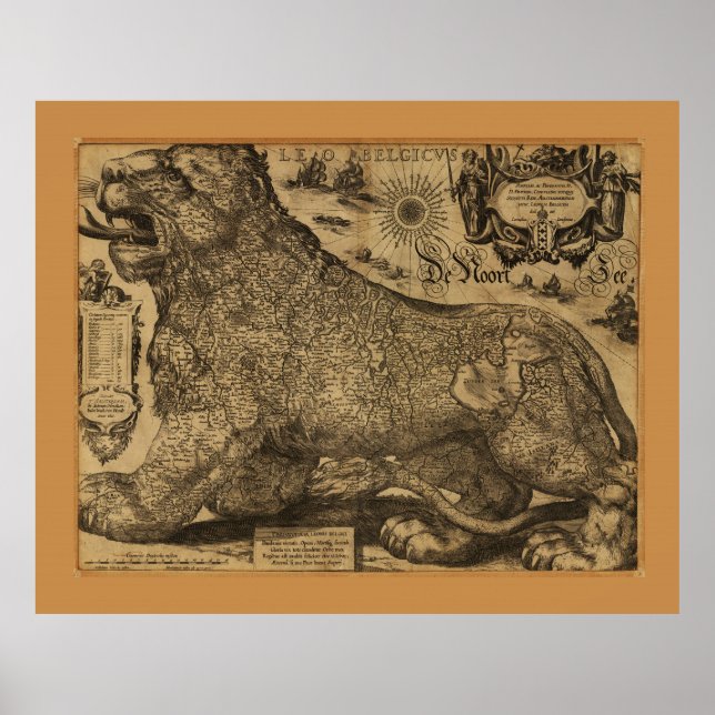 Poster Leo Belgicus, Benelux Union Map (1611) (Devant)