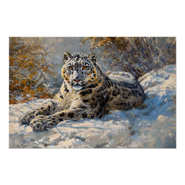 Poster Léopard des neiges dormant dans la neige (Devant)