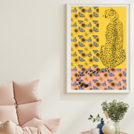 Poster Léopard floral Cheetah Tournesol jaune et rose