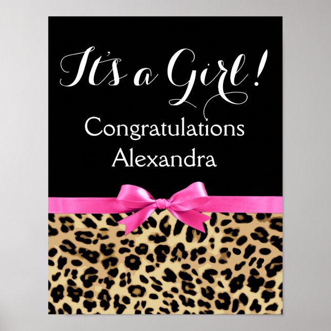 Poster Leopard Hot rose Bow C'est un Baby shower Safari f (Devant)