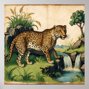 Poster Leopard médiéval avec cascade Nature Art