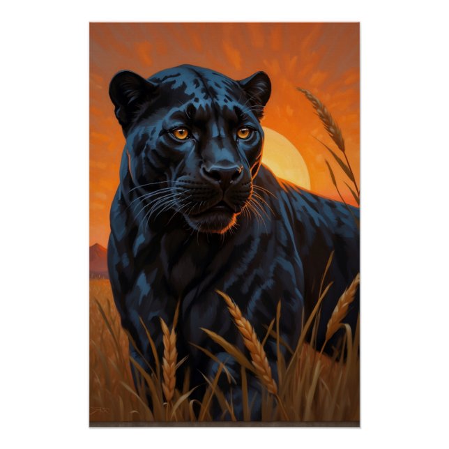 Poster Léopard noir dans les herbes de Savannah (Devant)