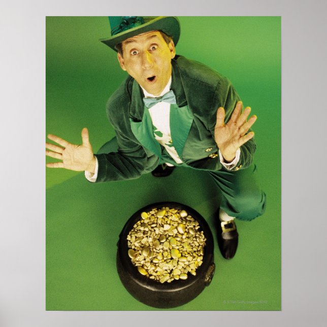 Poster Leprechaun excité avec pot d'or (Devant)