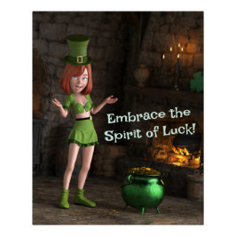 Poster Leprechaun Toon Girl à côté du pot d'or