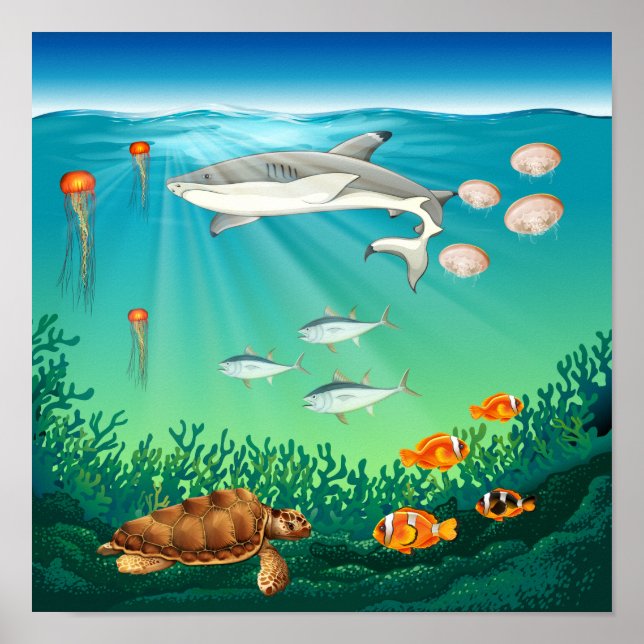 Poster Les animaux marins nageant sous la mer (Devant)
