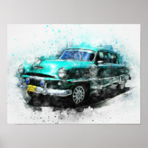 Poster Les années 1950 vintages de voiture d'Aqua 16" X12