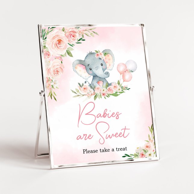 Poster Les bébés ballons rose floral sont doux (Floral Balloon Elephant Baby Shower Babies are Sweet Sign)