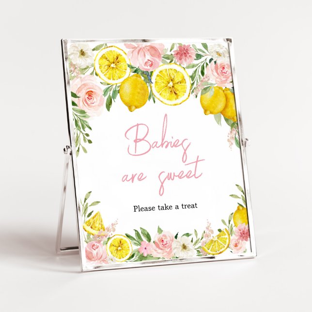 Poster Les bébés citron rose floral sont doux (Summer Lemon Citrus Baby Shower Babies are Sweet Sign)