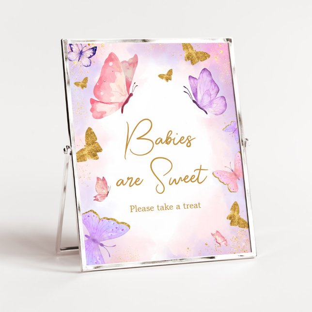 Poster Les bébés papillons rose or pourpre sont doux (Boho Butterfly Baby Shower Babies are Sweet Sign)