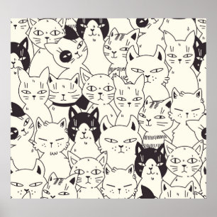 Poster Les chats dessinés à la main gribouillent un motif
