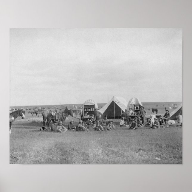 Poster Les cow-boys assis autour du chariot photo (Devant)
