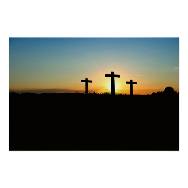 Poster Les croix de crucifixion au coucher du soleil (Devant)
