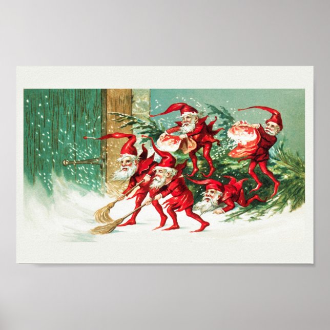 Poster Les elfes de père Noël balayent la neige (Devant)
