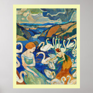 Poster Les femmes et les cygnes dans la rivière