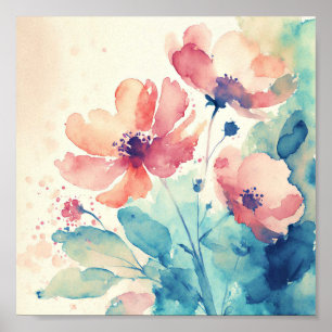 Poster Les fleurs d'aquarelles rose et bleu art