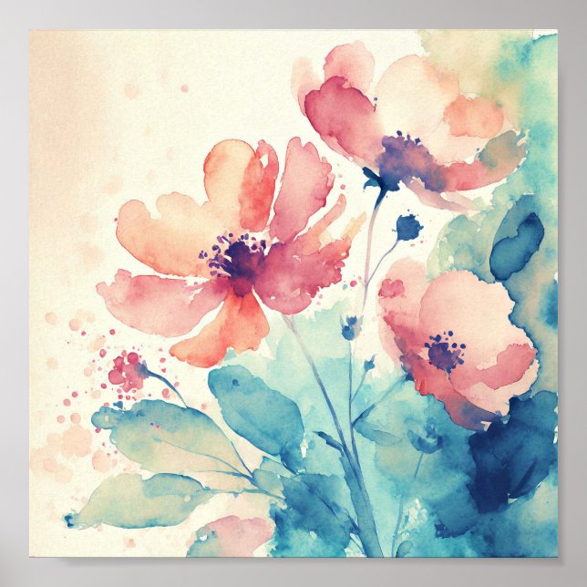 Poster Les fleurs d'aquarelles rose et bleu art (Devant)