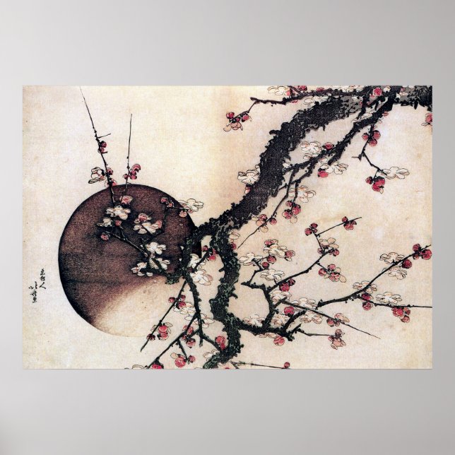 Poster Les fleurs de prunes et la lune, Hokusai (Devant)