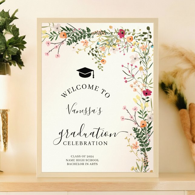 Poster Les fleurs sauvages de la prairie bohème accueille (Bohemian meadow wildflowers welcome graduation poster)