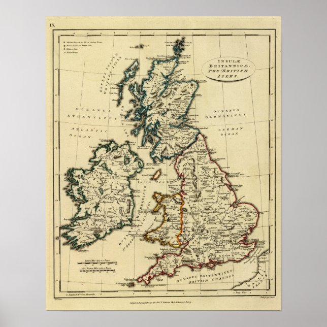 Poster Les îles britanniques avec leurs frontières (Devant)