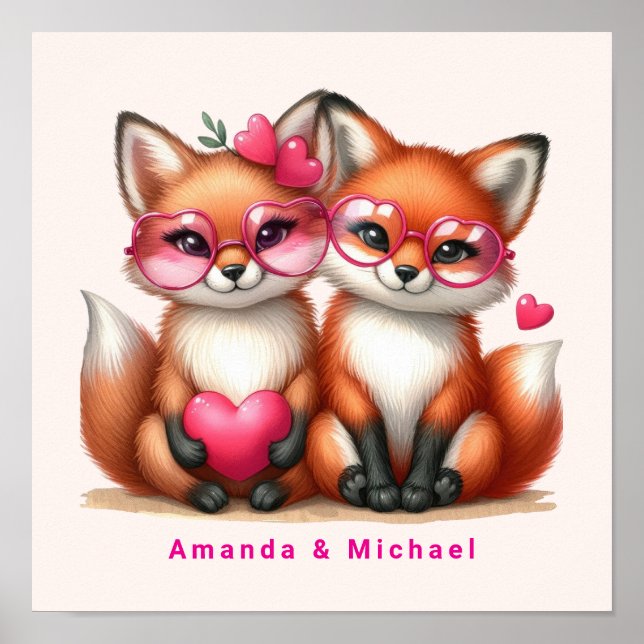 Poster Les mignons renards orange en amour Saint-Valentin (Devant)