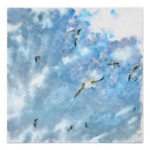 Poster Les Mouettes De Casers Dans L'Aquarelle Cerulean D