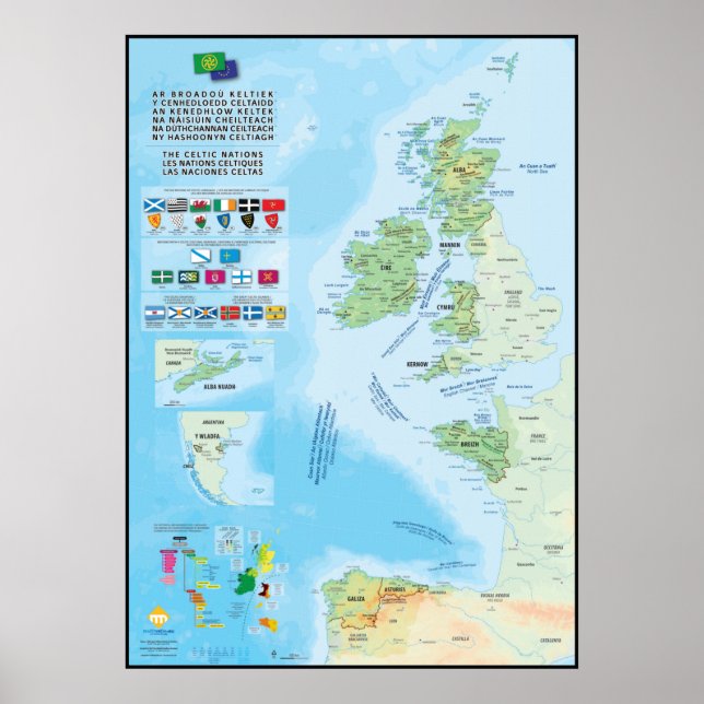 Poster Les nations celtiques : carte, drapeaux et langues (Devant)