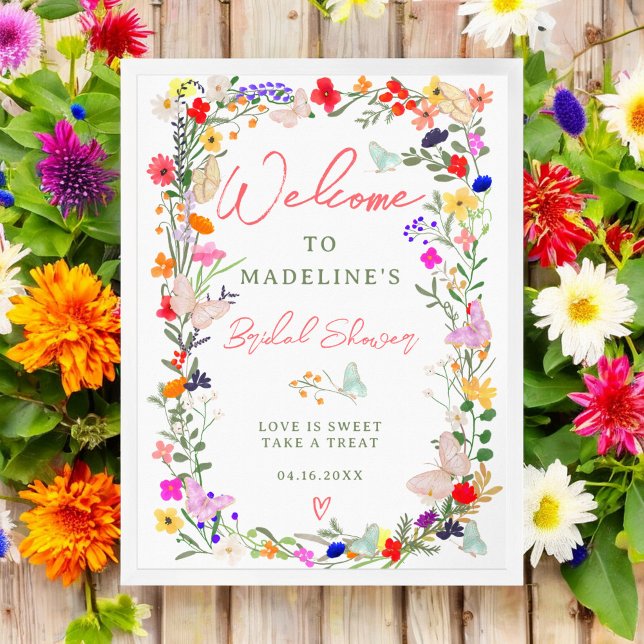 Poster Les papillons boho brillant fleur sauvage accueil (Butterflies boho bright wildflowers bridal welcome poster)