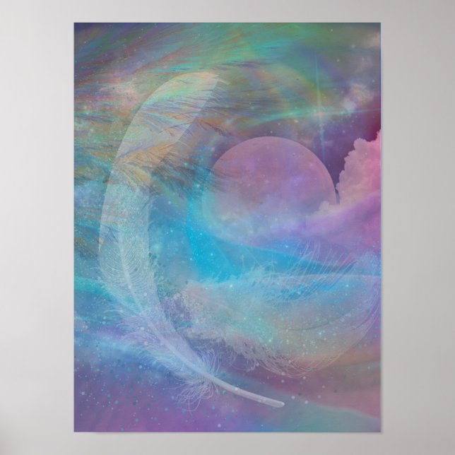 Poster Les plumes arc-en-ciel et la lune (Devant)