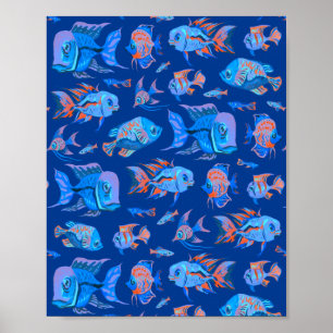 Poster Les poissons tropicaux sur le bleu